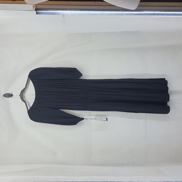 WHO WHAT WEAR Black Bardot Boho Rayon Drawstring Waist Side Slit Long Midi Dress - Picture 8 of 13